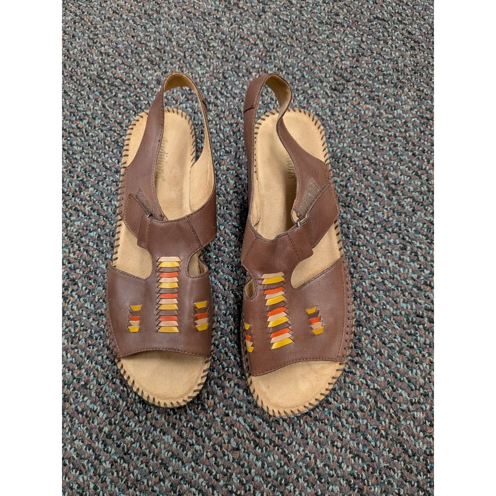 Auditions Womens Brown Leather Slingback Wedge Sandals Woven Detail Size 9